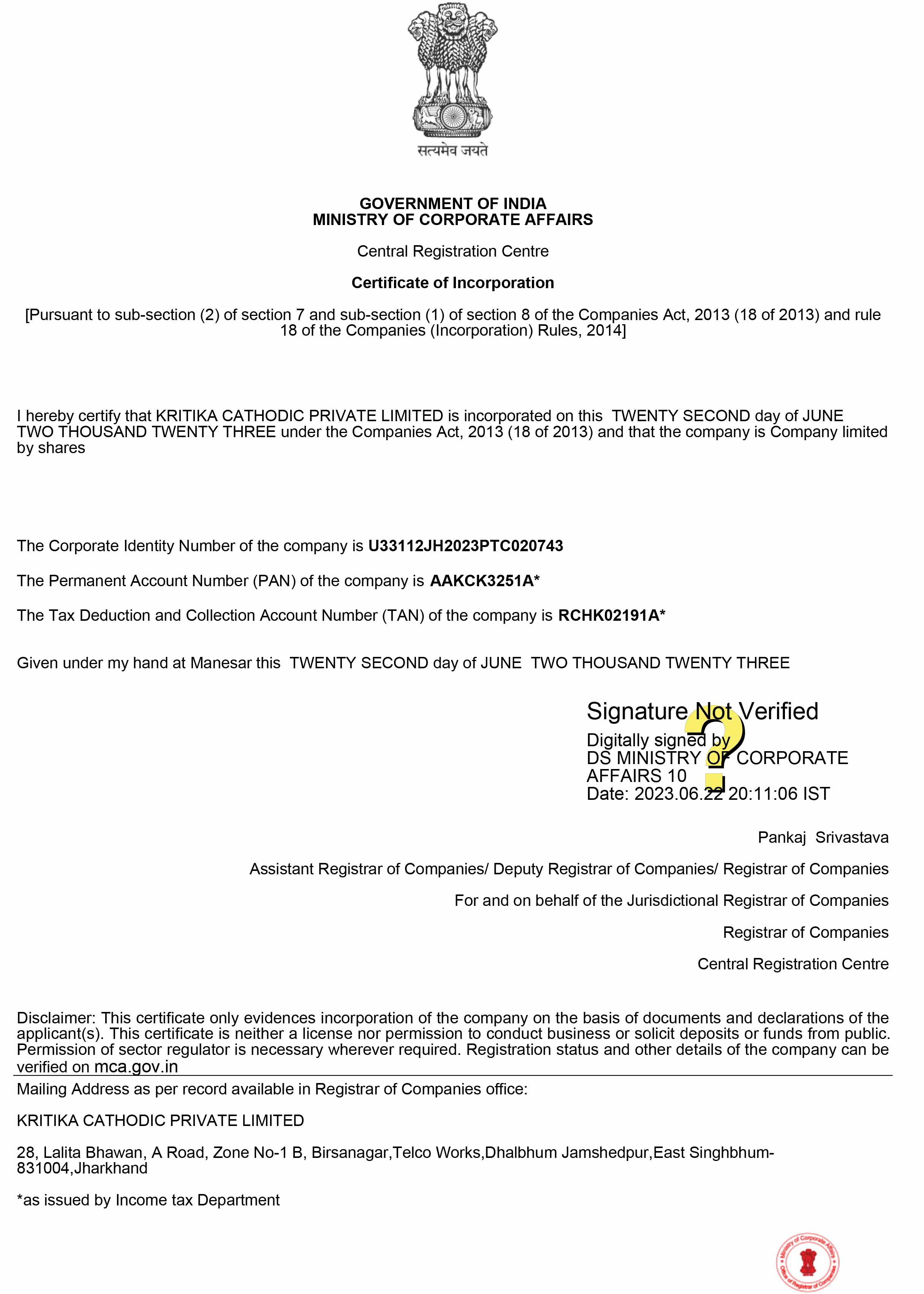 Certification Of Incorporation